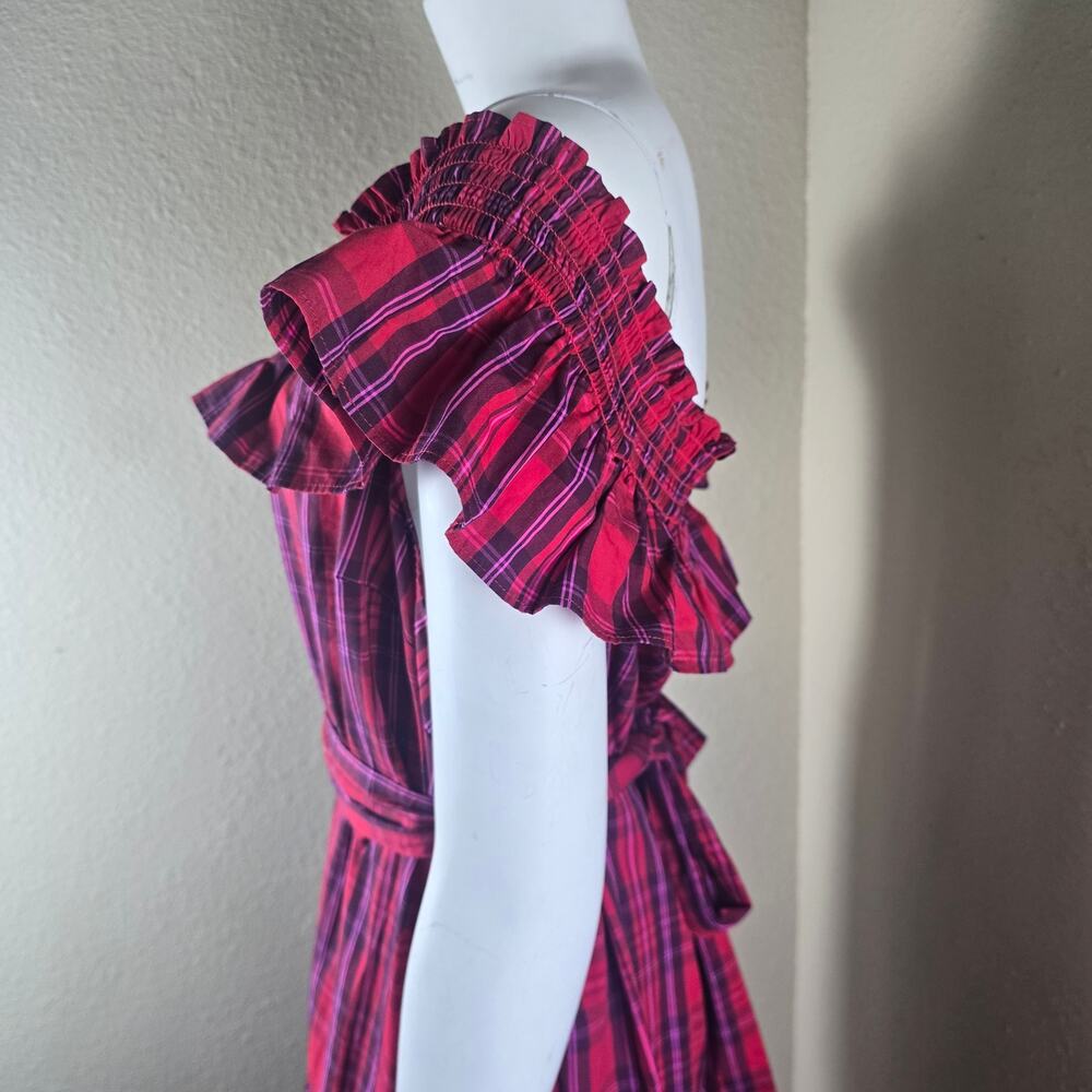 Draper James Kimberly Off-Shoulder Tie-Waist Smocked Neck Dress in Angie Plaid - Picture 7 of 9